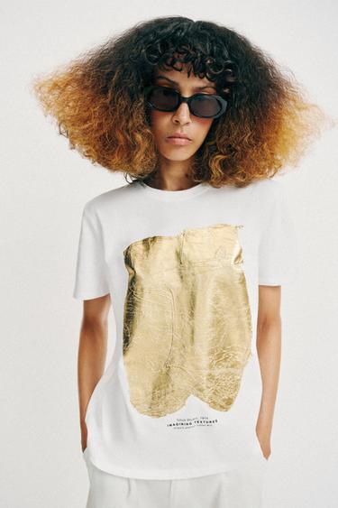 Zara METALLIC SHORT SLEEVE T-SHIRT - Golden