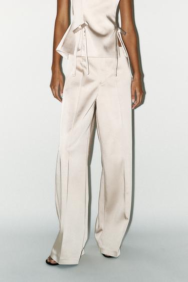 Zara HIGH-WAISTED SATIN PANTS - Beige