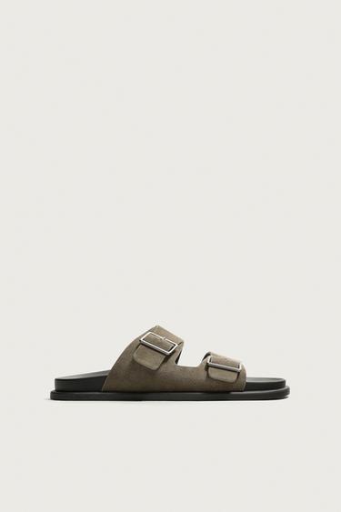 DOUBLE STRAP LEATHER SANDALS - Taupe Grey by Zara