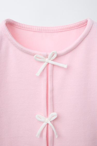 RIBBED T-SHIRT WITH BOWS - Pastel pink by Zara - Image 2