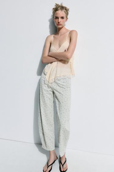 Zara ZW COLLECTION HIGH-WAISTED FLORAL TAPERED JEANS - Light blue