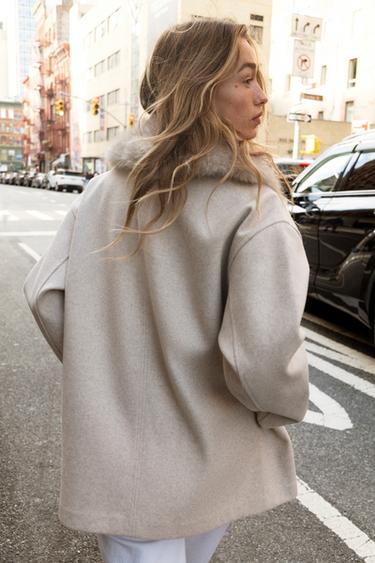 MANTEAU DOUX À COL EFFET FOURRURE - Sable / Chiné de Zara - Image 2