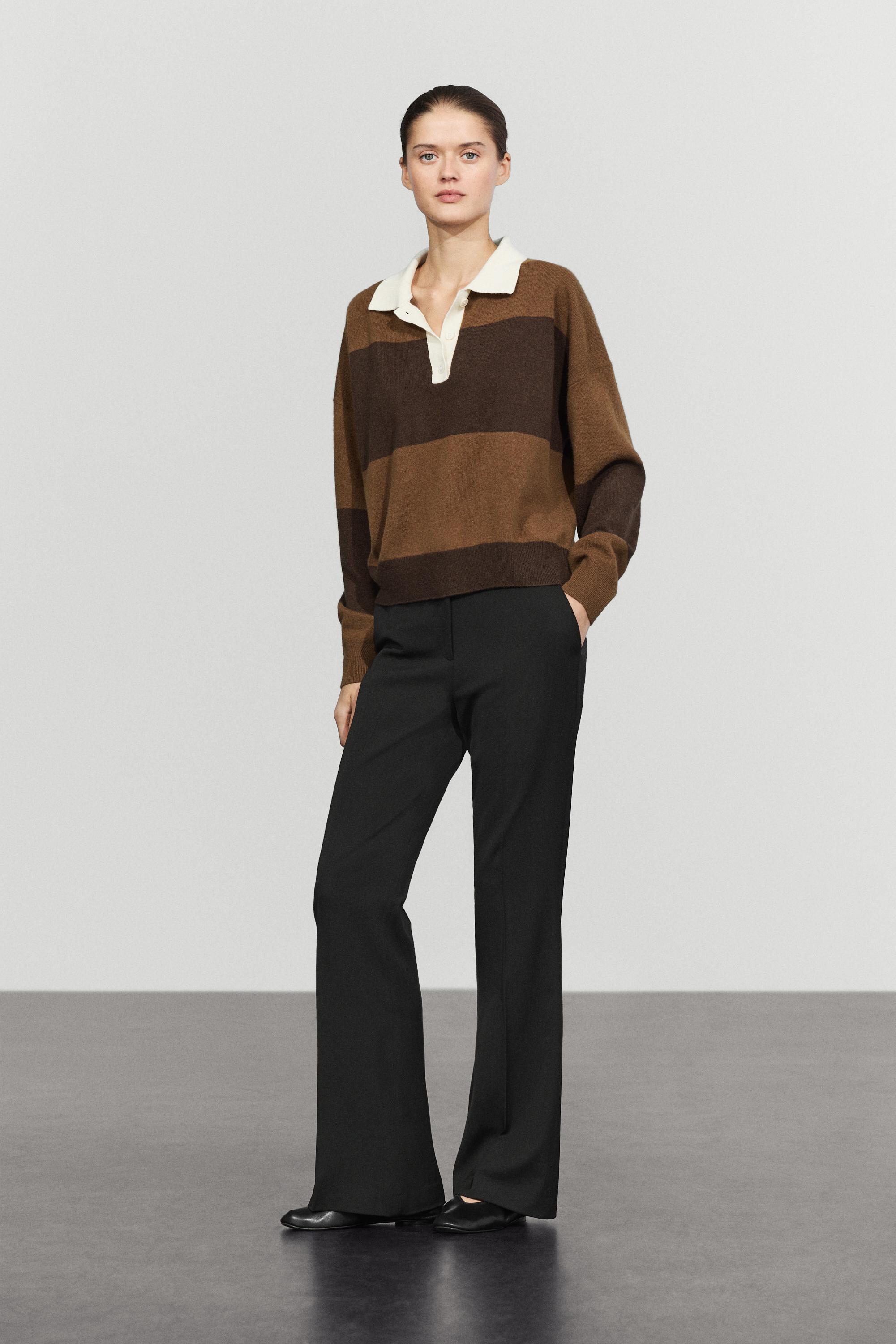 Striped knit sweater with polo collar