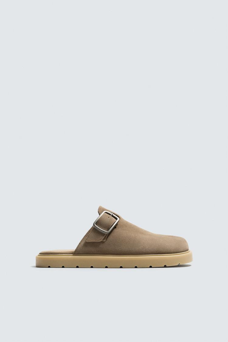 ZARA BUCKLED SPLIT SUEDE CLOGS