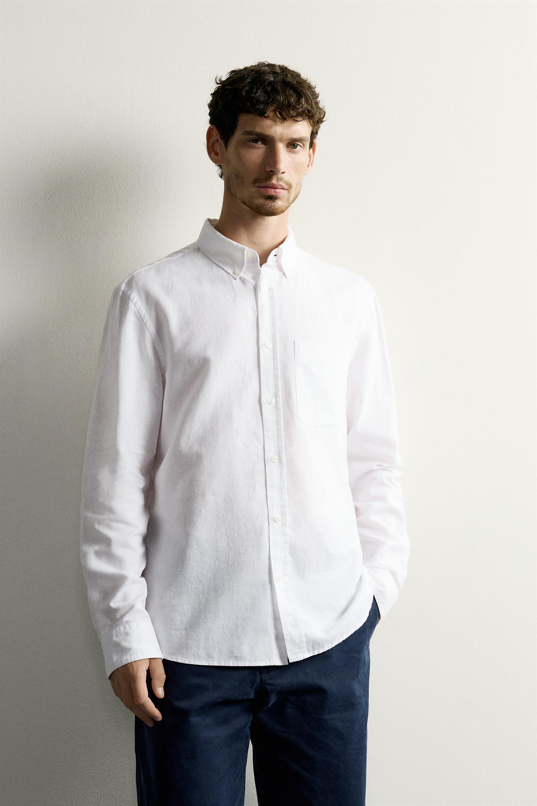 LINEN COTTON BLEND REGULAR FIT SHIRT — White (alternate view)