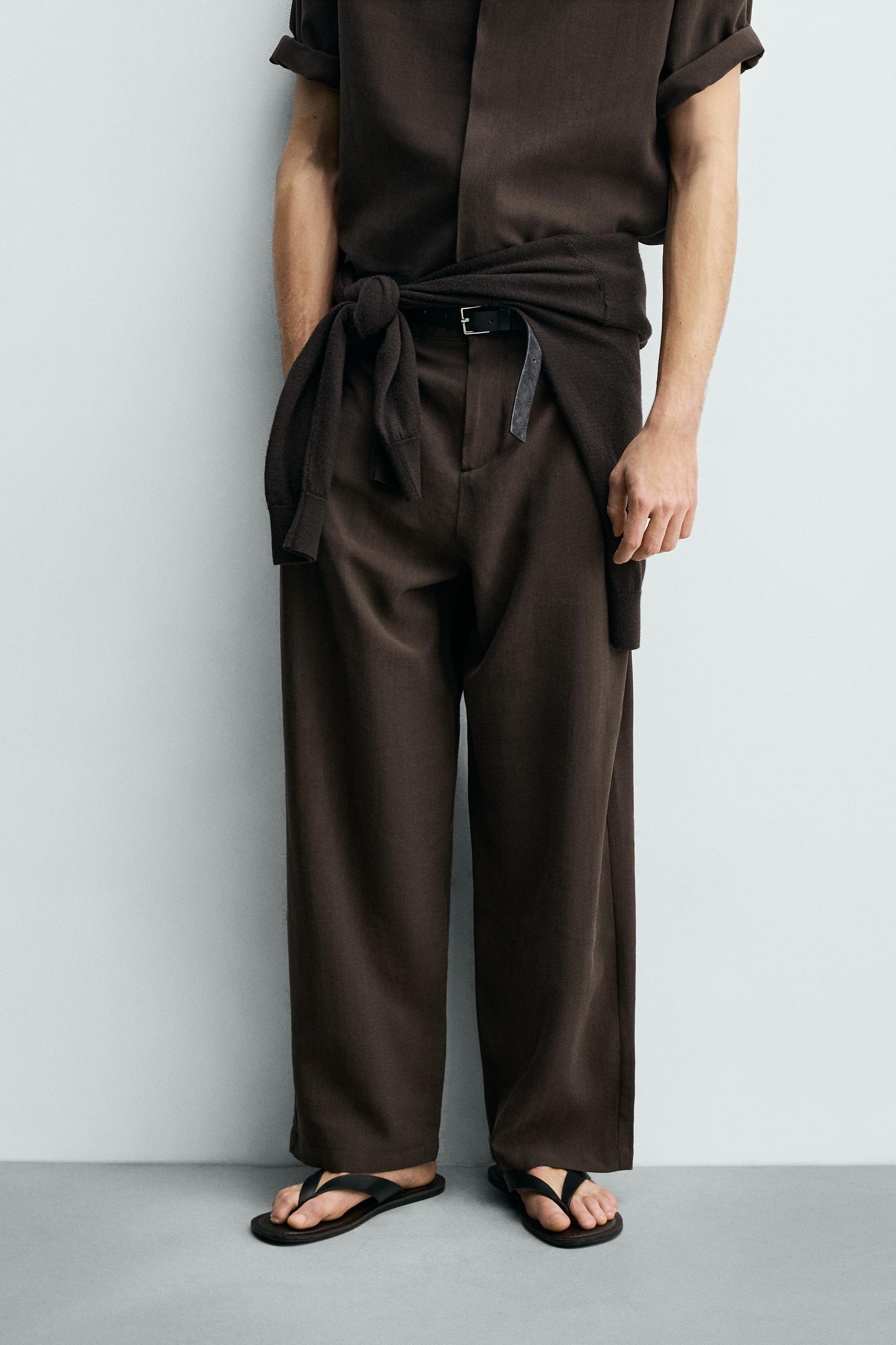 FLOWY SIDE PLEAT PANTS — Brown