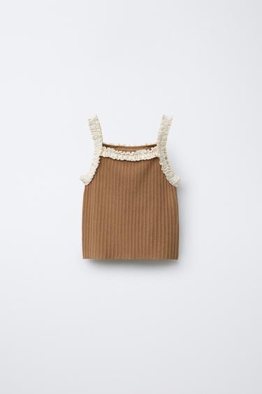 KNIT LACE-TRIM STRAPPY TOP - camel by Zara - Image 0