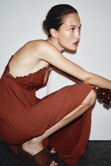Zara PLEATED LACE MIDI DRESS - Burnt orange