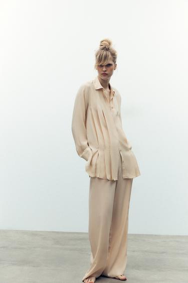 Zara 100% VISCOSE PLEATED SHIRT - Sand - Image 0