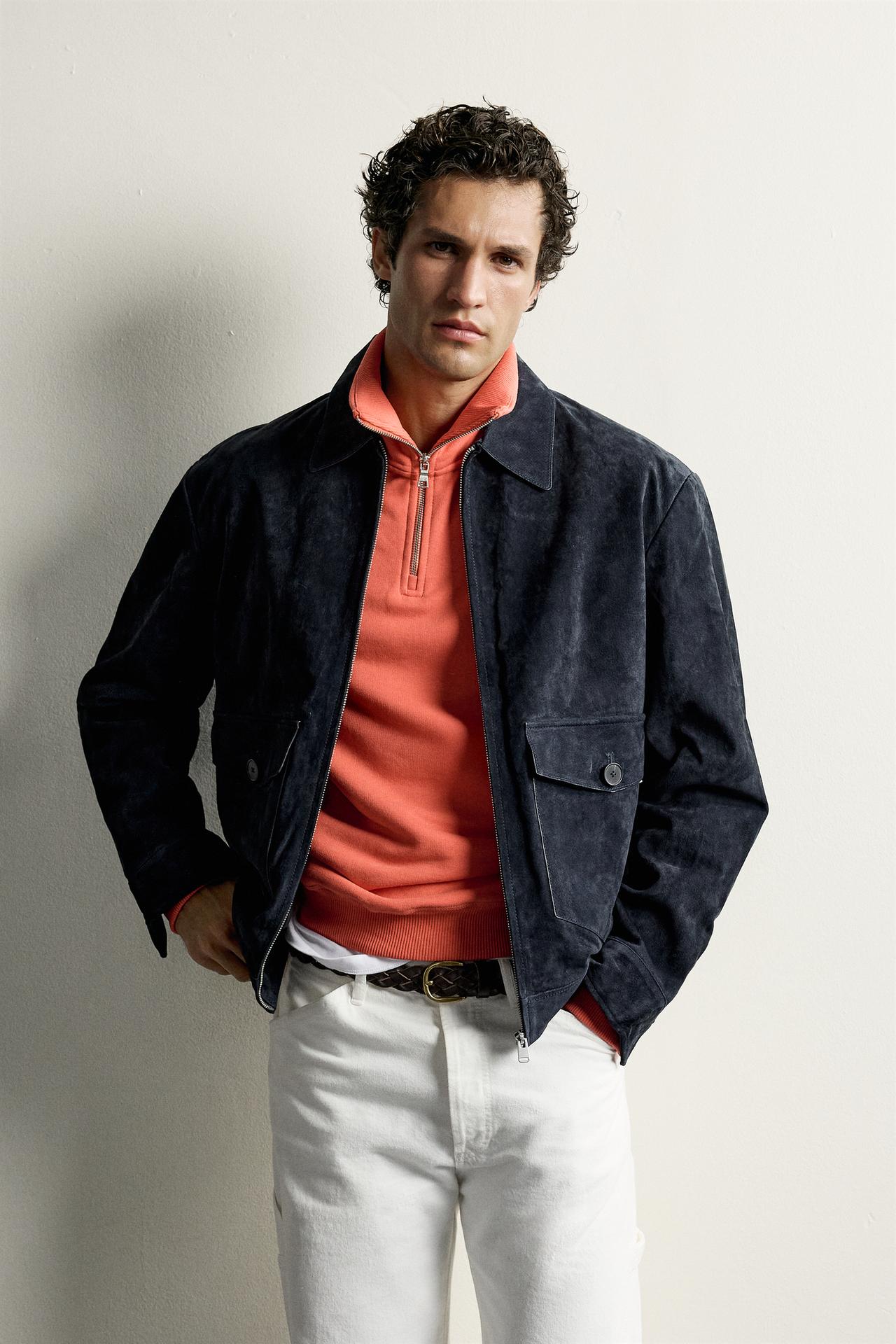 REGULAR-FIT SUEDE LEATHER JACKET — Dark navy