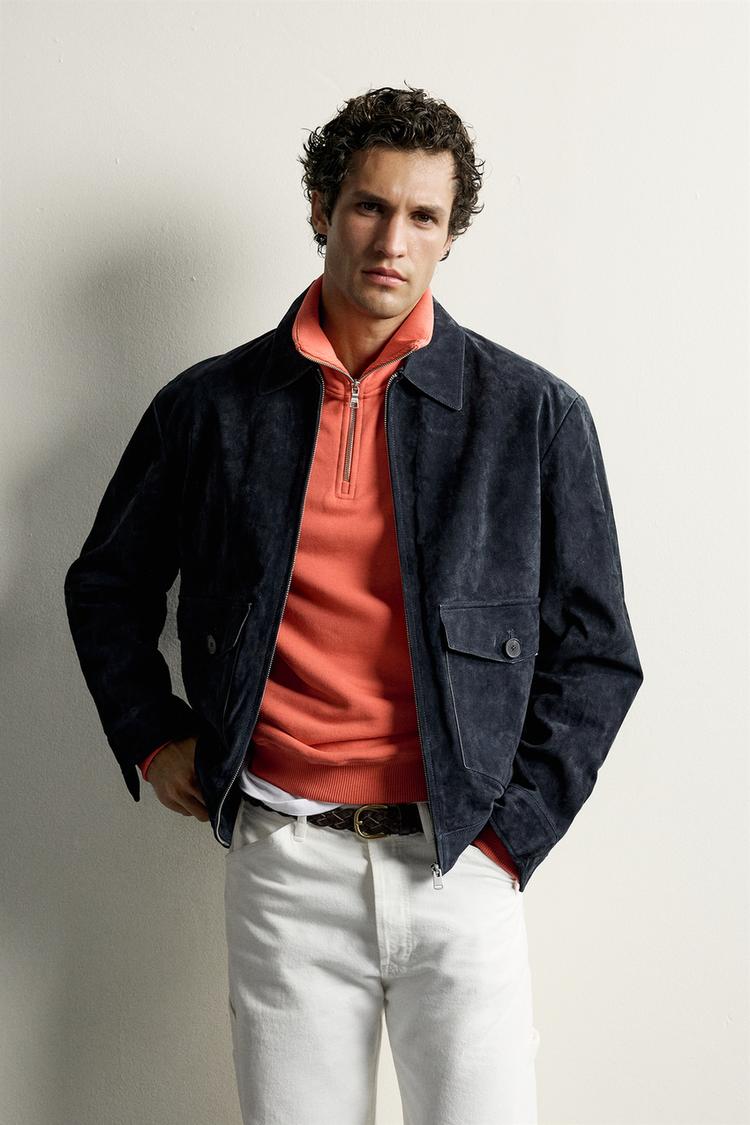 REGULAR-FIT SUEDE LEATHER JACKET — Dark navy