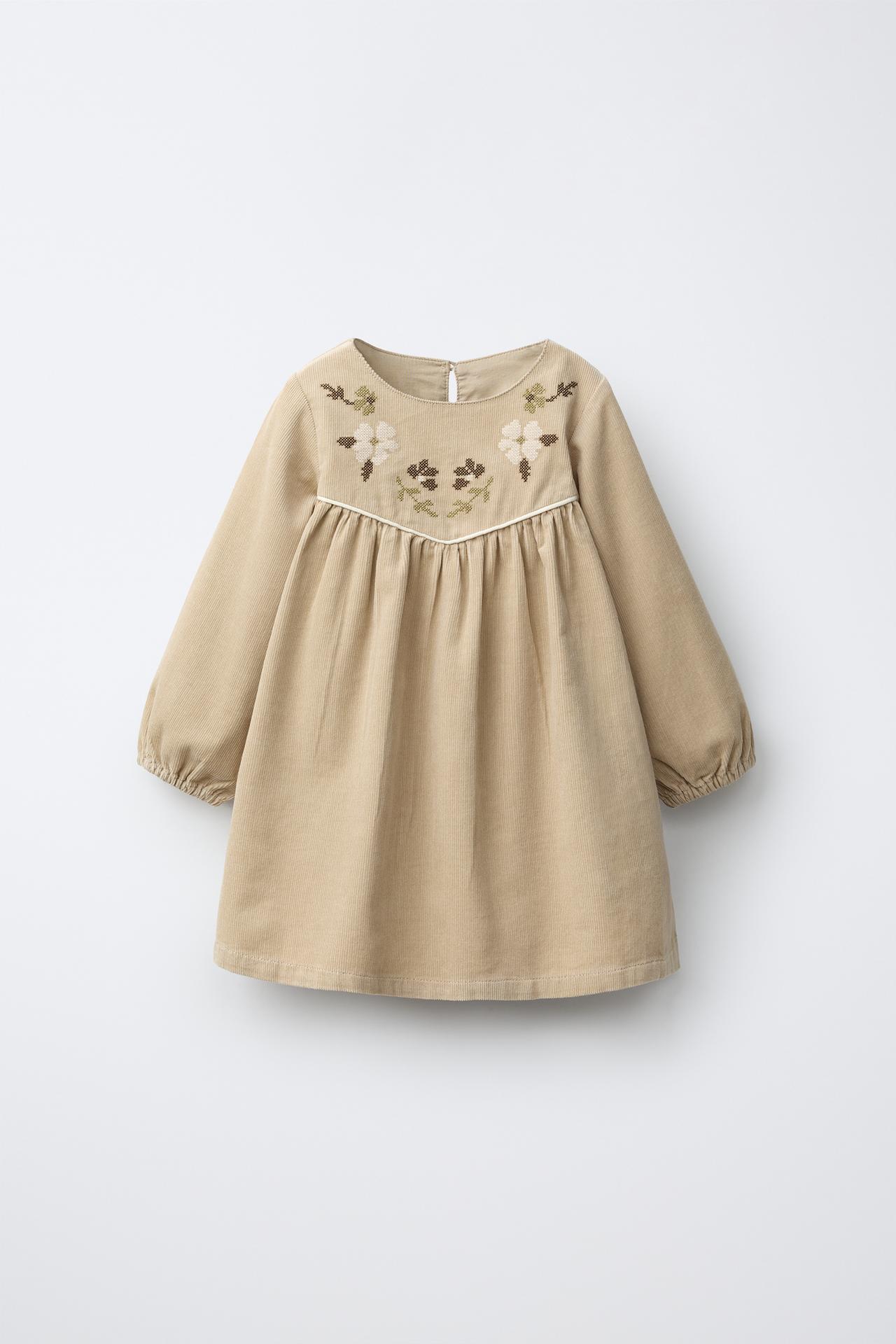 EMBROIDERED FLORAL CORDUROY DRESS — Beige