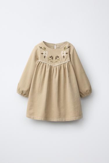 EMBROIDERED FLORAL CORDUROY DRESS — Beige 3
