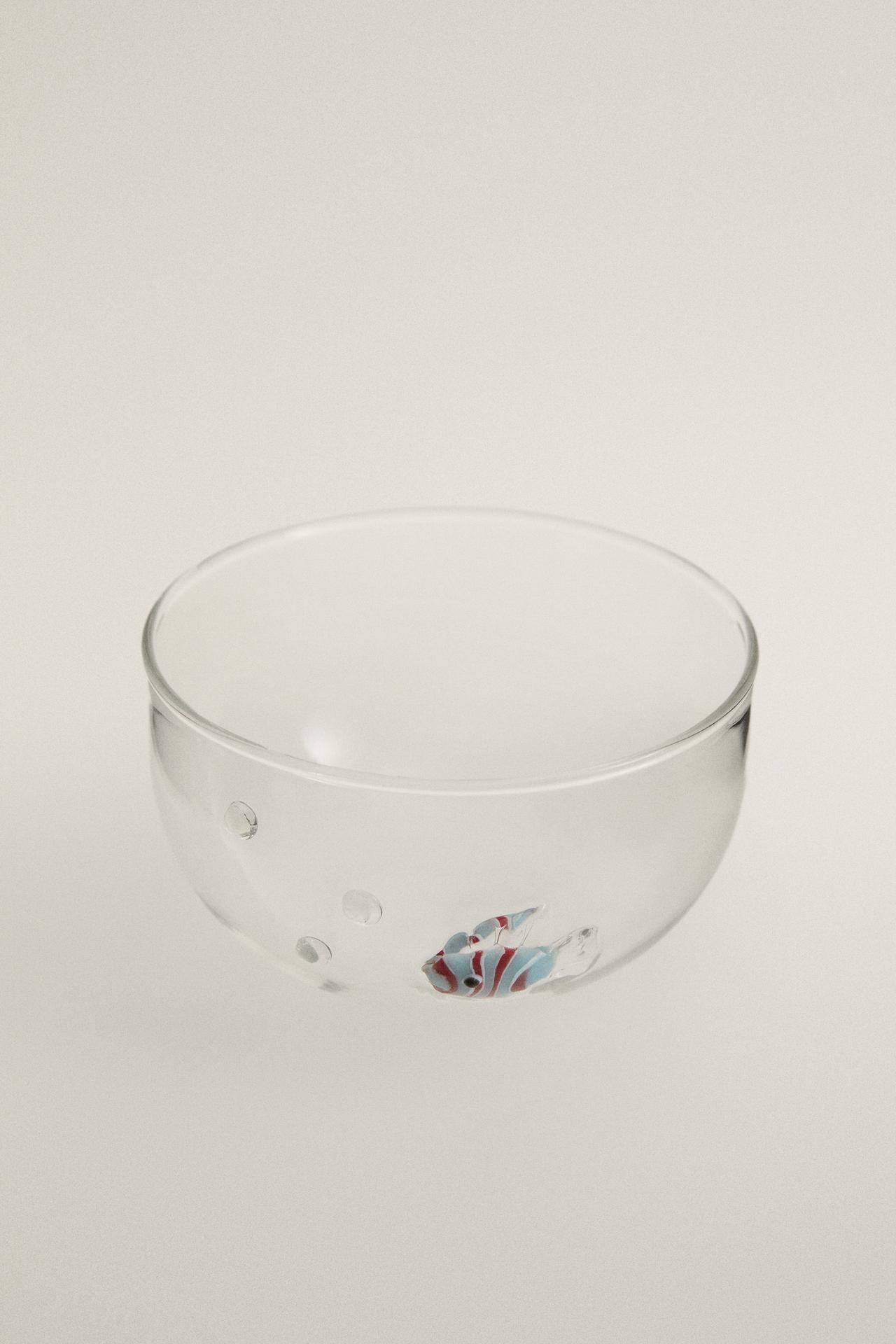 BOROSILICATE BOWL WITH BUBBLES AND FISH — Blue