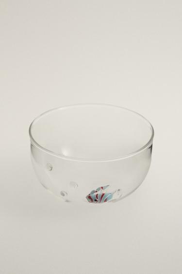 BOROSILICATE BOWL WITH BUBBLES AND FISH — Blue 2