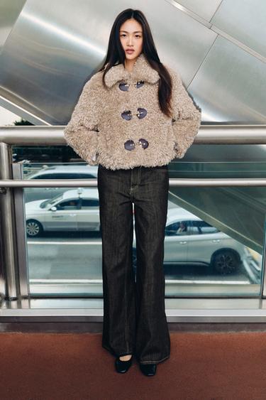 Zara 人造皮草軍官釦外套 - 焦糖色