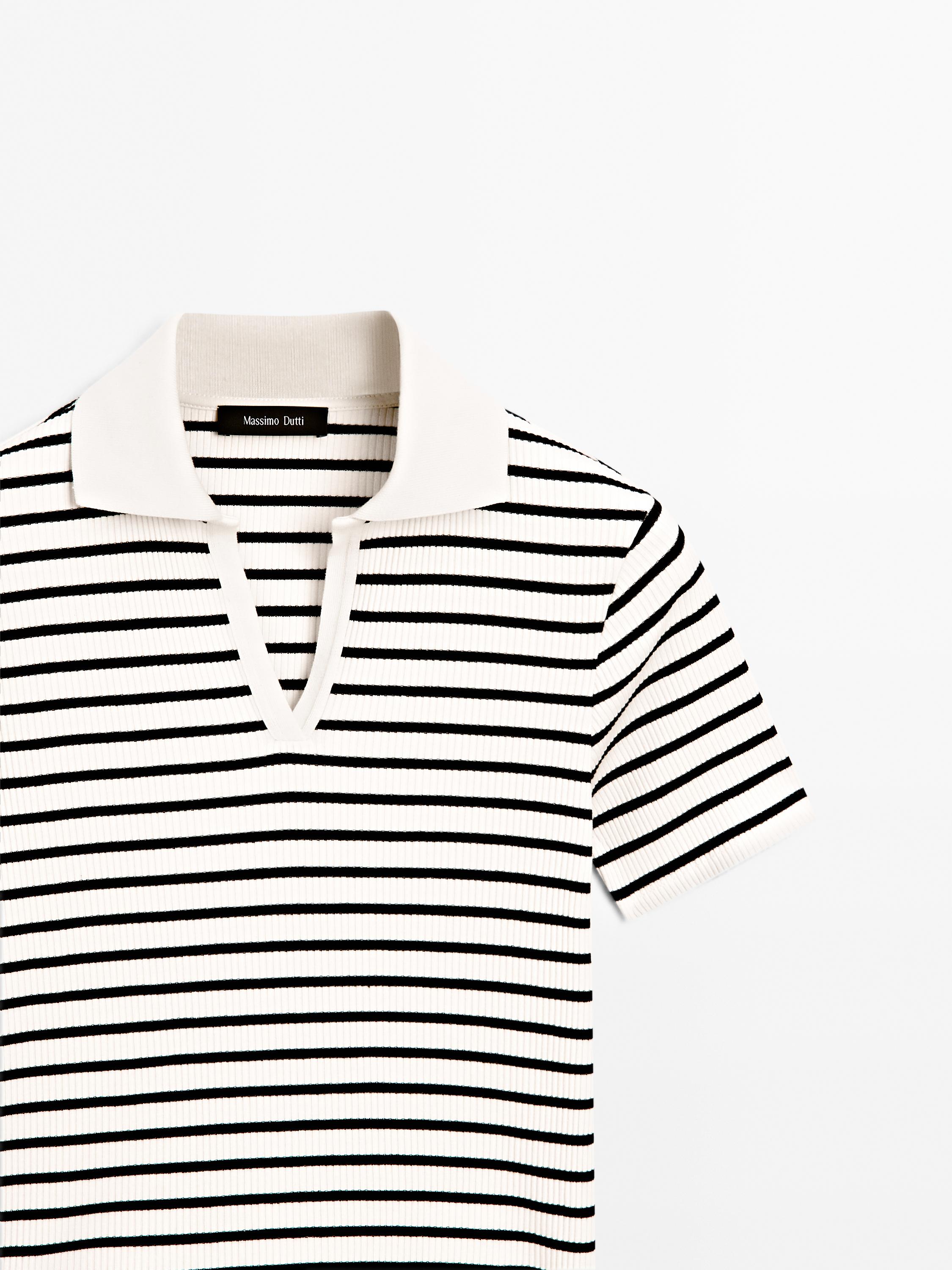 T-shirt polo à rayures en coton mélangé