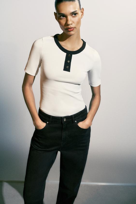 CONTRAST BUTTON T-SHIRT - Oyster-white by Zara - Image 0