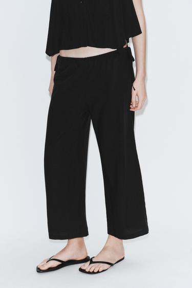 Zara TIED ANKLE-LENGTH FLOWY PANTS - Black