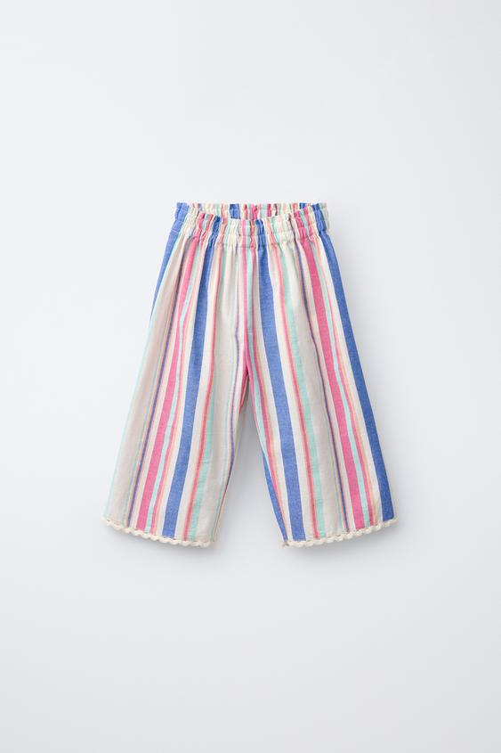STRIPED WIDE-LEG TROUSERS WITH LACE TRIM - Multicoloured by Zara - Image 0