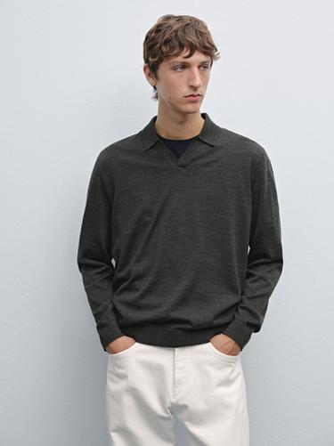 Pull polo en maille 100 % laine mérinos - Gris anthracite de Zara