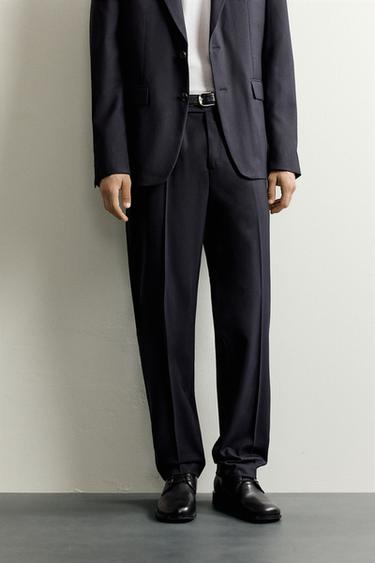 Zara WOOL HERRINGBONE SUIT PANTS - Navy blue