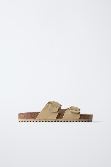 Zara LEATHER BUCKLE SANDALS - Sandy Brown