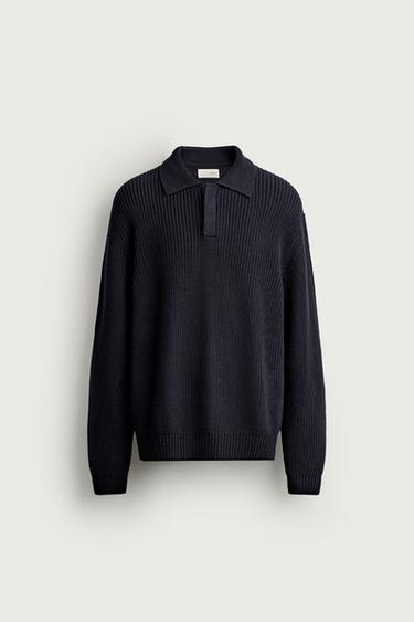 REGULAR FIT PURL KNIT POLO SHIRT - Navy blue by Zara