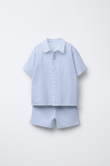 Zaras TOTAL LOOK SKJORTA OCH BERMUDAS I SEERSUCKER - Havsgrön