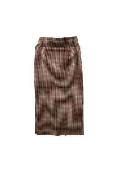 Front view of a brown pencil skirt with a small check print and a high waist.