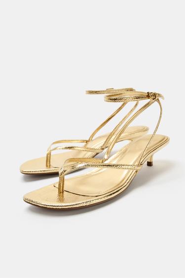 METALLIC-EFFECT KITTEN HEEL SANDALS - Gold by Zara - Image 2