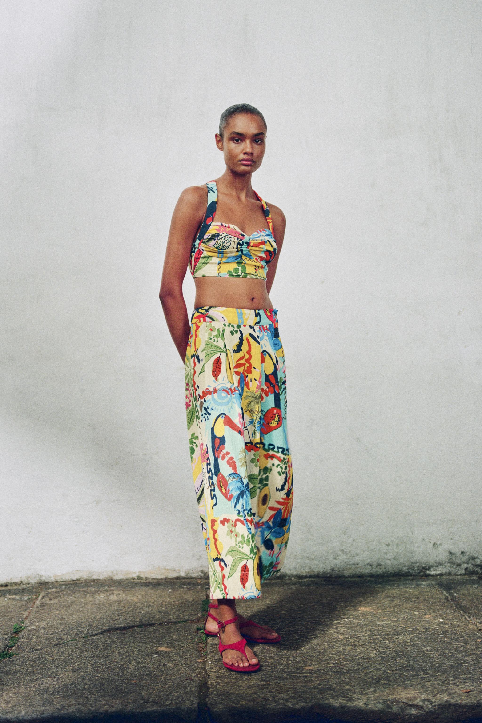 トロピカルプリント ミディ丈レイヤードスカート - マルチカラ トロピカルプリント ミディ丈レイヤードスカート - マルチカラ