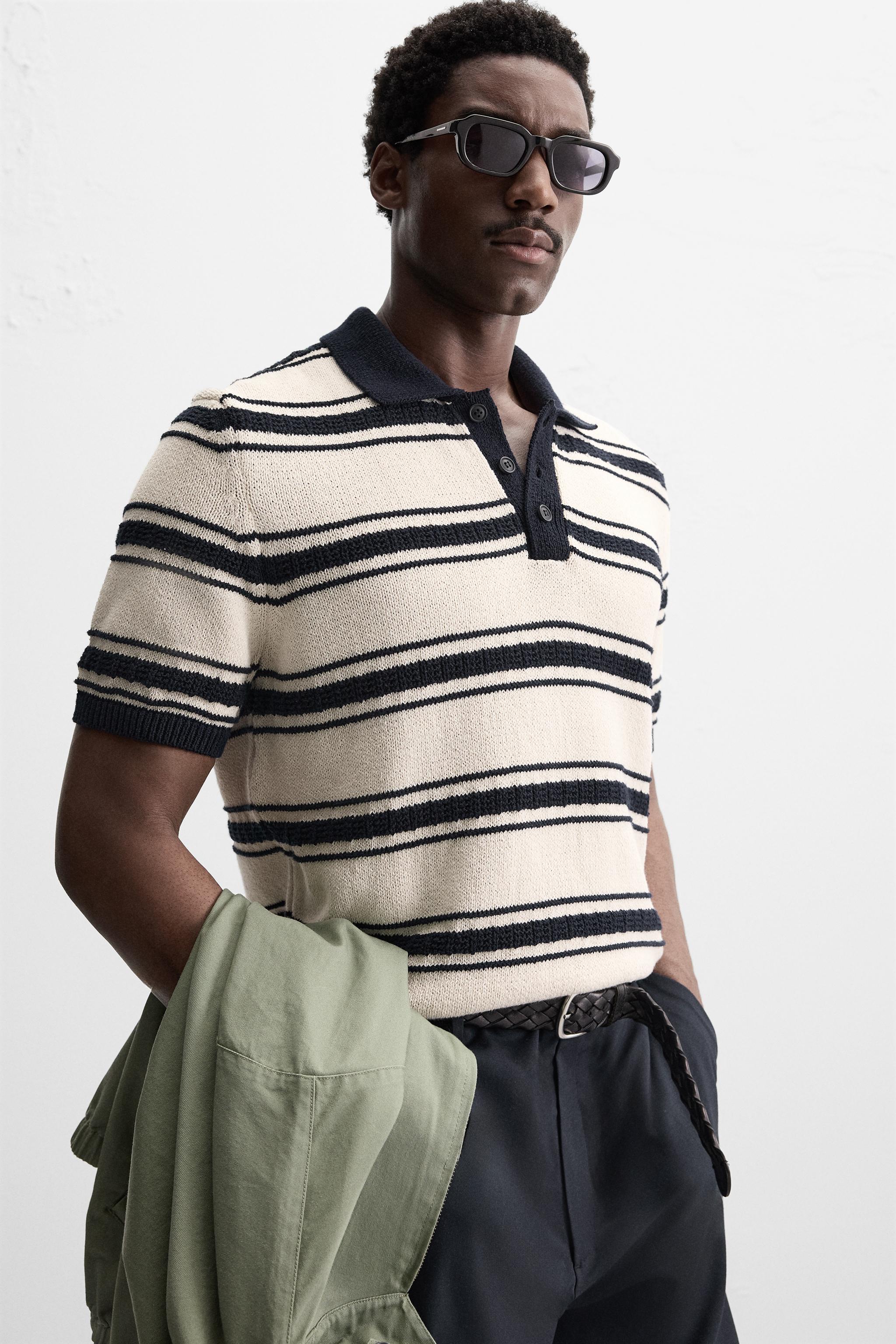 JACQUARD STRIPED KNIT POLO - Ecru / Navy | ZARA United States