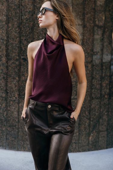 SATIN HALTER TOP - Burgundy by Zara