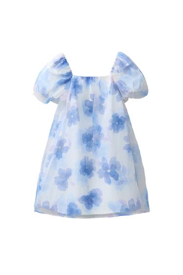 OBLEKA IZ ORGANZE S CVETLIČNIM POTISKOM - Ekru barva / Modra od Zare
