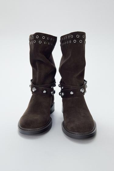 스터드 스웨이드 앵클부츠 - Zara 브라운