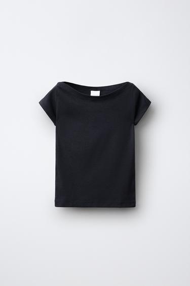 Zara PLAIN BOATNECK T-SHIRT - Navy blue