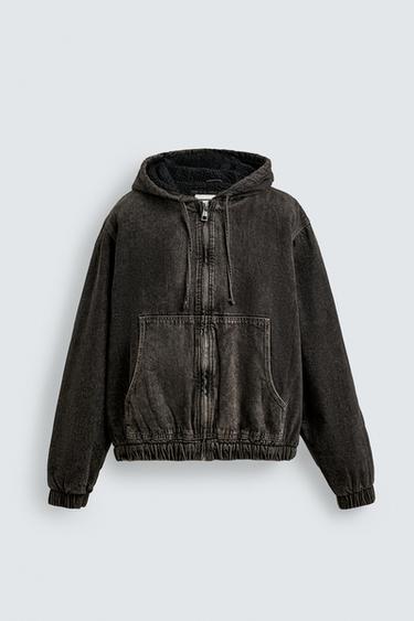 DENIM JACKET WITH FAUX SHEARLING HOODIE - Grey by Zara