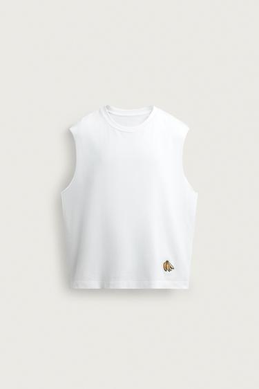 Zara BANANA EMBROIDERED TANK TOP - White