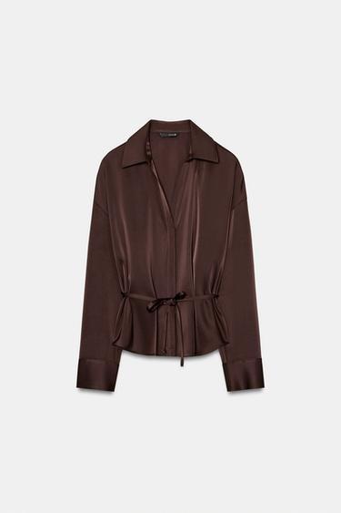 SATIN BLOUSE WITH BELT - Chocolate brown by Zara - Image 4