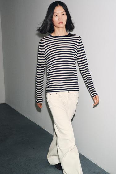 STRIPED KNIT SWEATER - Ecru / Blue by Zara - Image 0