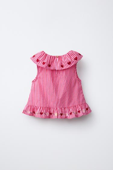 STRIPED EMBROIDERED TOP SISSEL EDELBO X ZARA KIDS - Fuchsia by Zara - Image 1