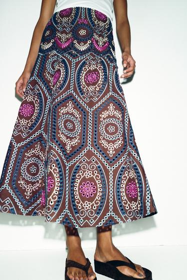 MIDI SKIRT WITH CUTWORK EMBROIDERY - Brown by Zara