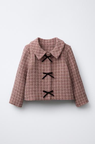 TEXTURED CHECK JACKET WITH VELVET BOWS - Pastel pink by Zara