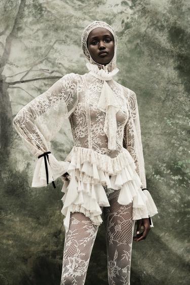 ZW COLLECTION LIMITED EDITION LACE RUFFLE TOP - camel by Zara