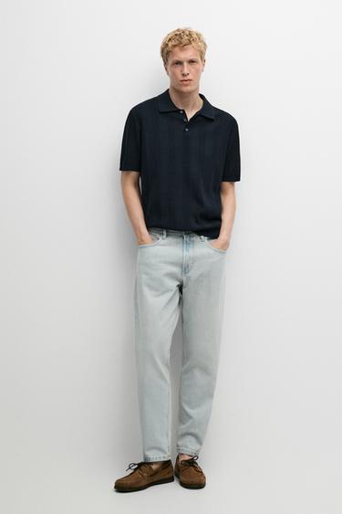 Zara 100% cotton textured striped knit polo shirt - Navy blue - Image 0