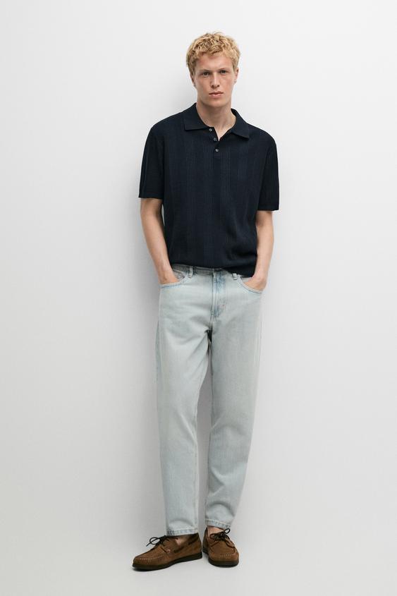 100% cotton textured striped knit polo shirt from Zara - $100