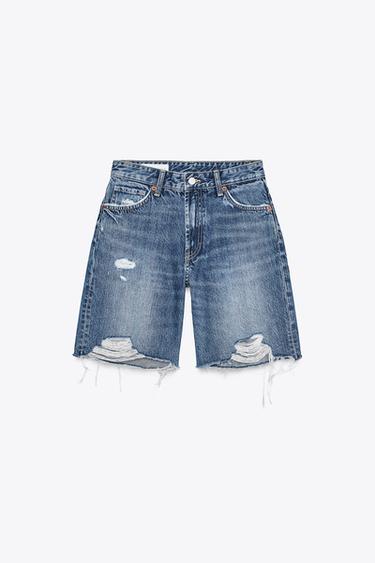 Zara MID-RISE RIPPED TRF DENIM SHORTS - Navy blue
