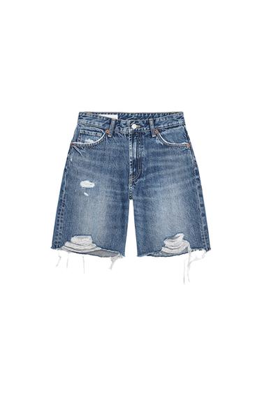 Zara MID-RISE RIPPED TRF DENIM SHORTS - Navy blue - Image 0