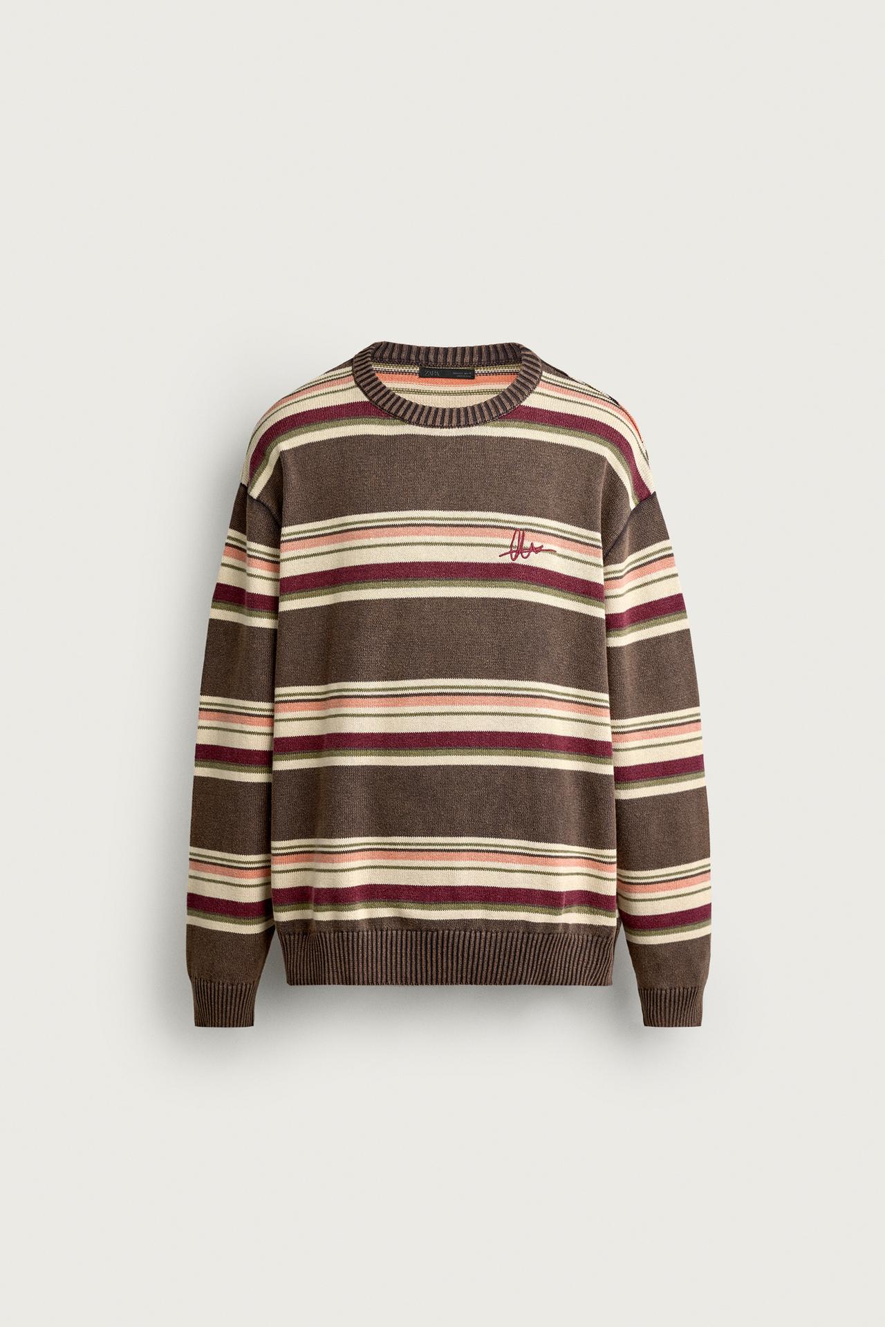 STRIPED EMBROIDERED JACQUARD SWEATER — Brown